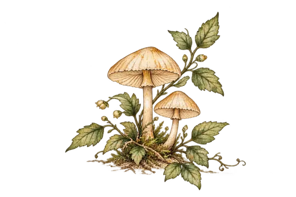 Small manuscript study of woodland mushrooms and leaves