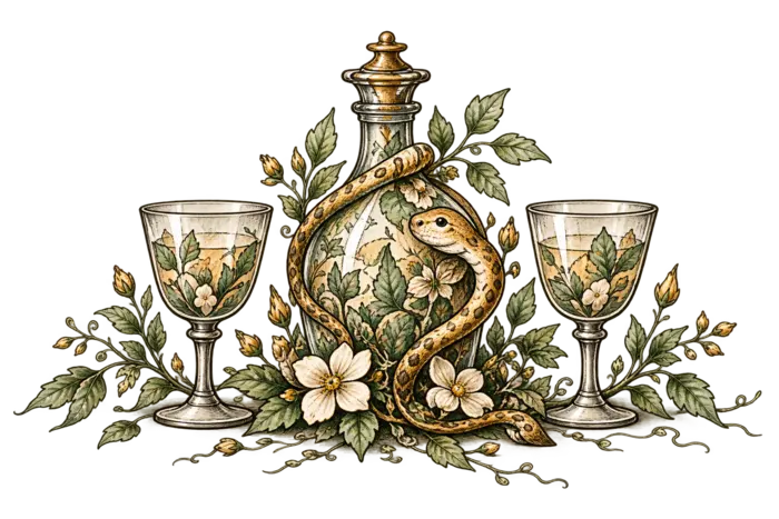 Illustrated study of a foliage-covered bottle, two glasses and a small snake