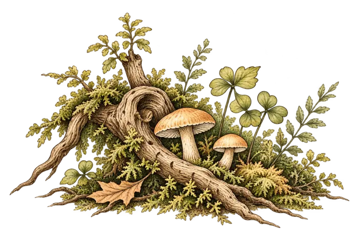 Illustrated roots, moss and woodland fungi