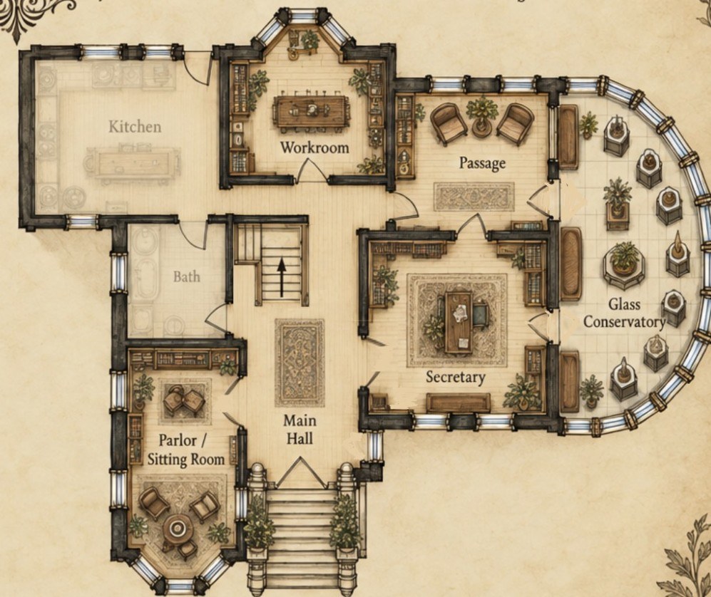 Ground floor of the Conservatory; private rooms are faded.