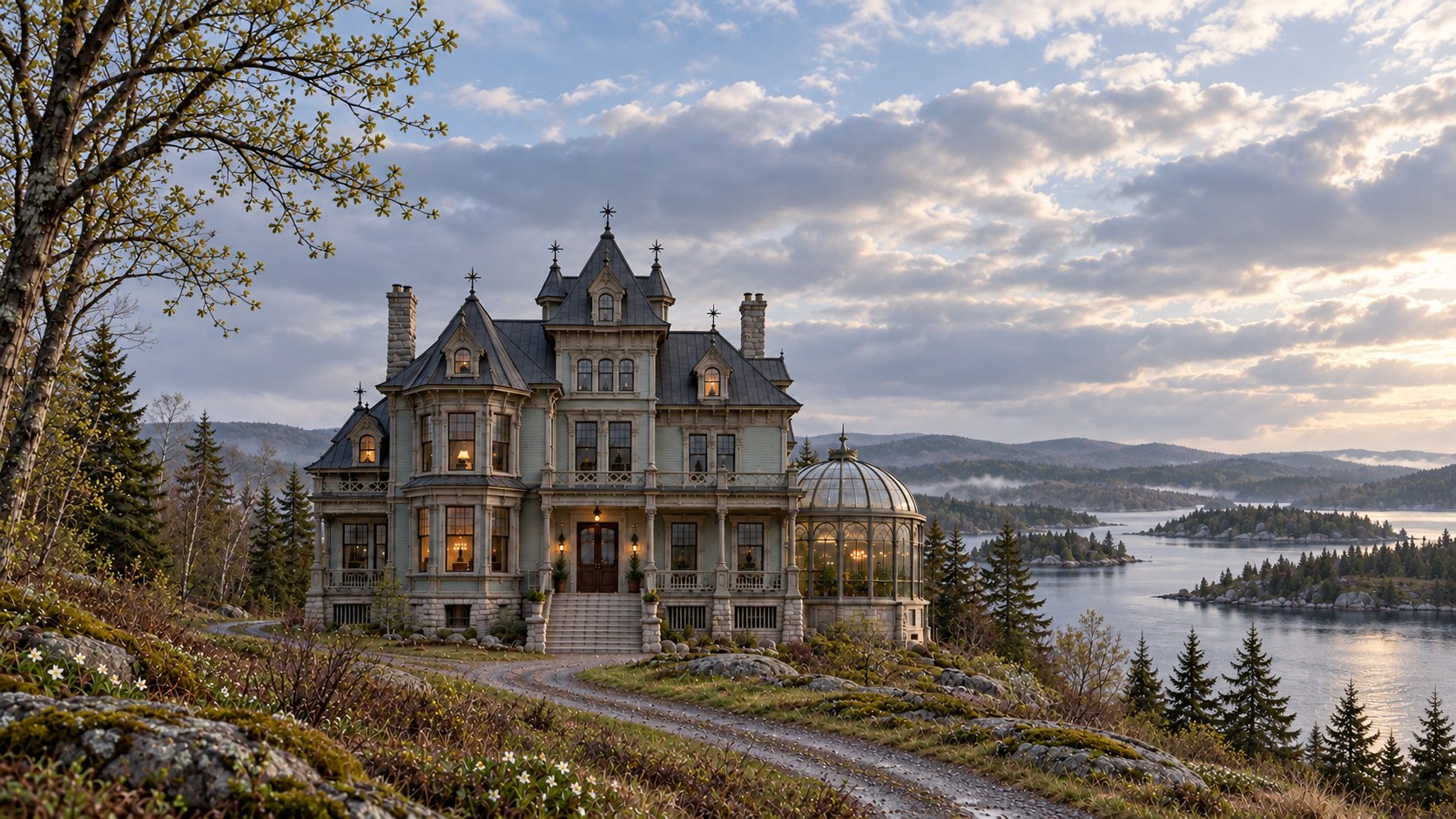 The Fable & Fey Conservatory above its wooded loch